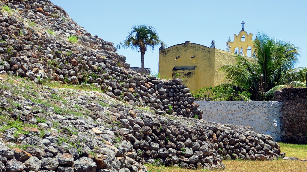 Pyramid and backside of Church of the Virgin of Guadalupe, Acanceh.