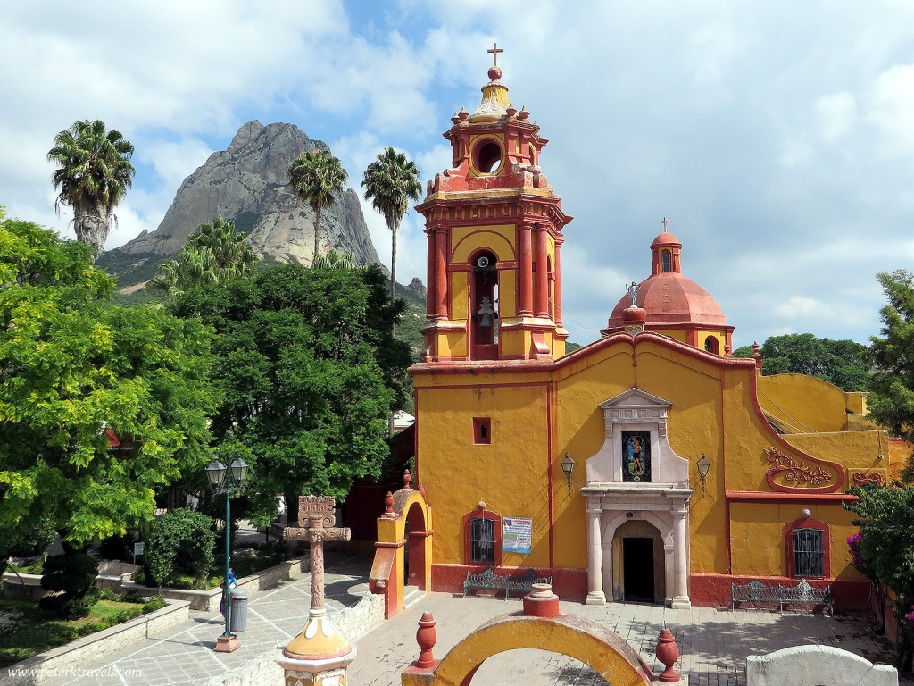 Bernal church with Peña de Bernal in the distance.