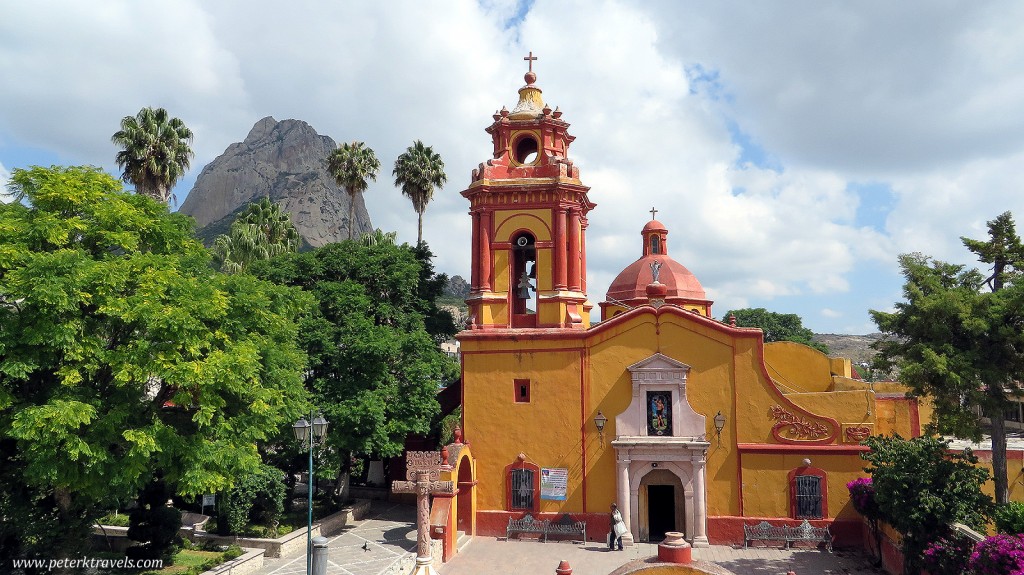 Bernal church with Peña de Bernal in the distance.