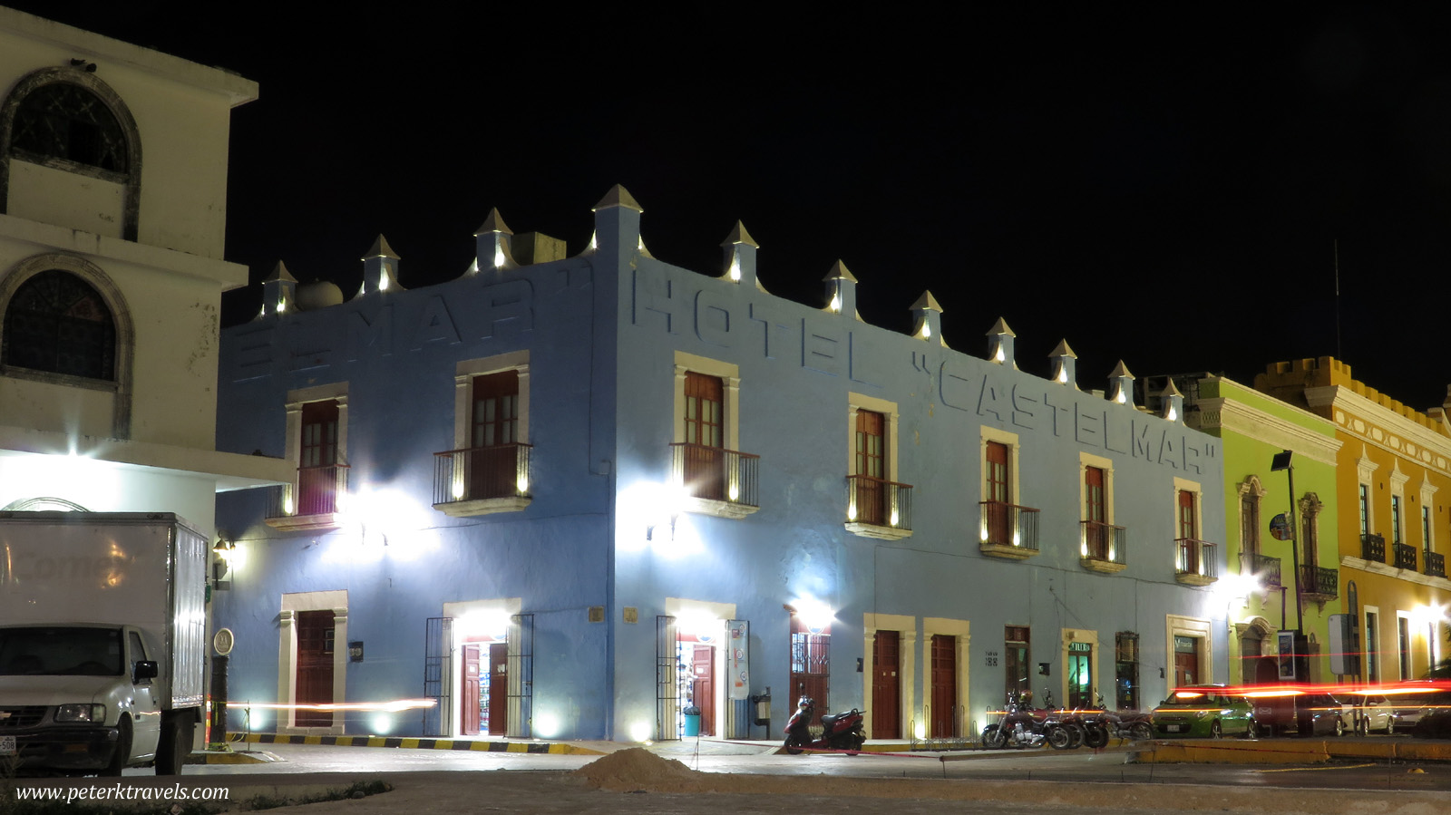 Castelmar Hotel at night.